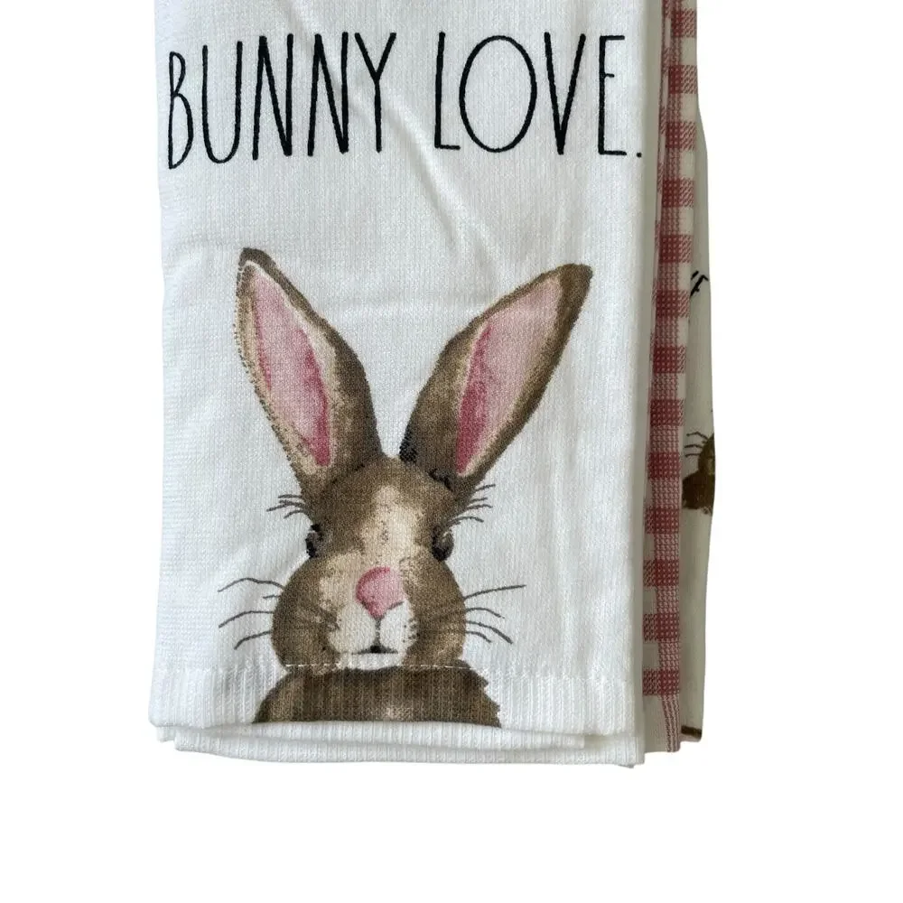Rae Dunn Cotton Kitchen Towels BUNNY LOVE Easter Rabbit Spring Set of 3 NEW